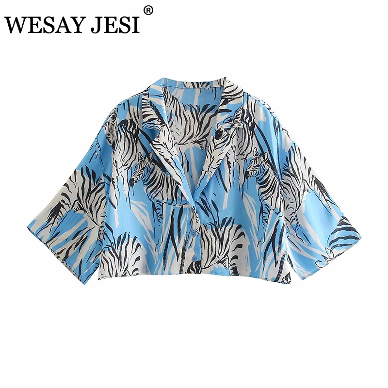 

WESAY JESI Women Clothes Blue Shirt Crop Top TRAF ZA New Short Sleeve Blouses Shirt Collared Button Up Shirt Elegant Blouses