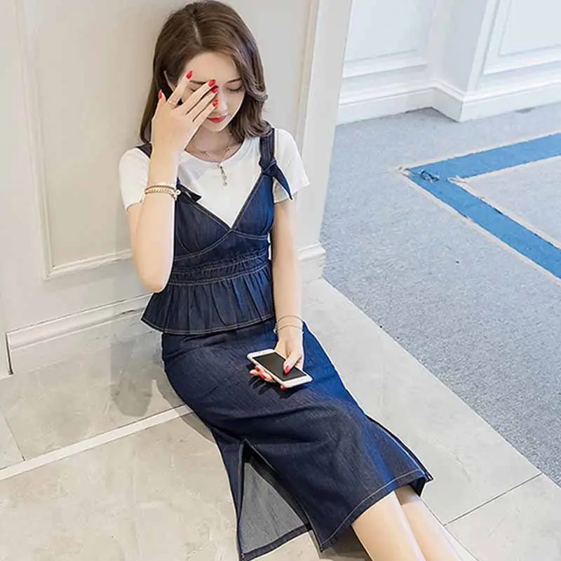 Summer Women Ruffles Waist Knee Length Jeans Dress Casual Short Sleeve Female Tops Two Piece Set Slim Fit Office Work Suit | Женская