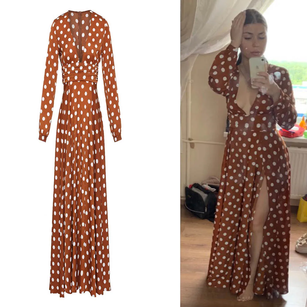 Женское длинное платье в горошек плиссированное с высокой талией|Женские платья|