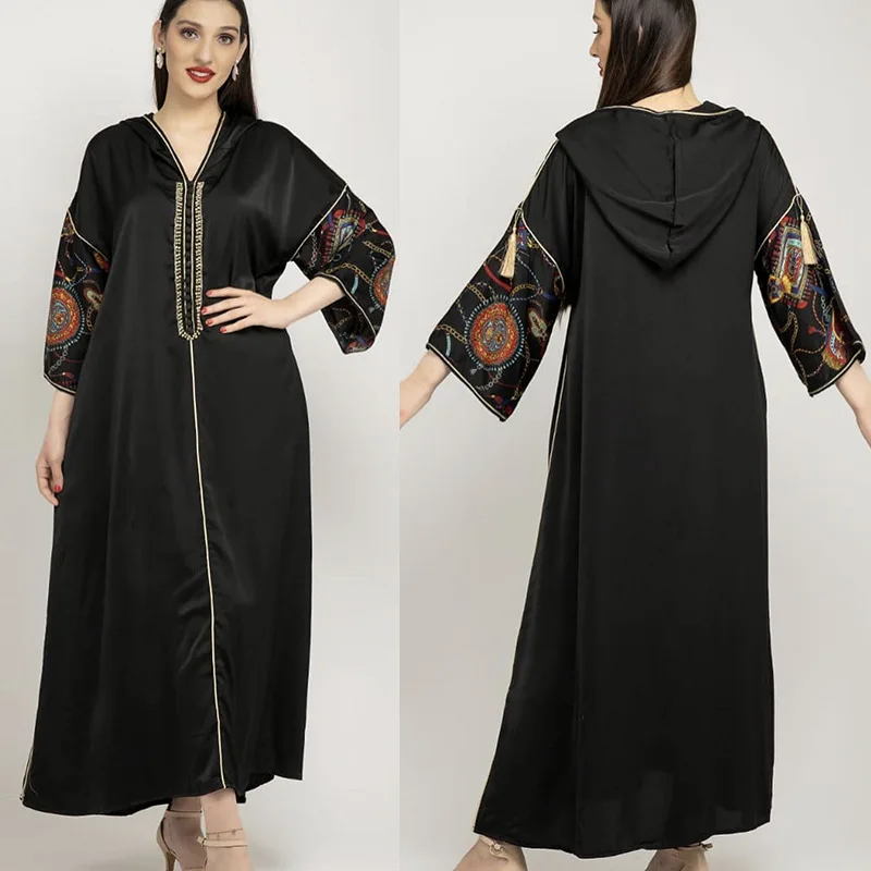 

Dubai Abaya Jalabiya Hooded Long Skirt Long Sleeve Islamic Muslim Women Moroccan Kaftan Arab Turkish Middle Eastern Robe Black