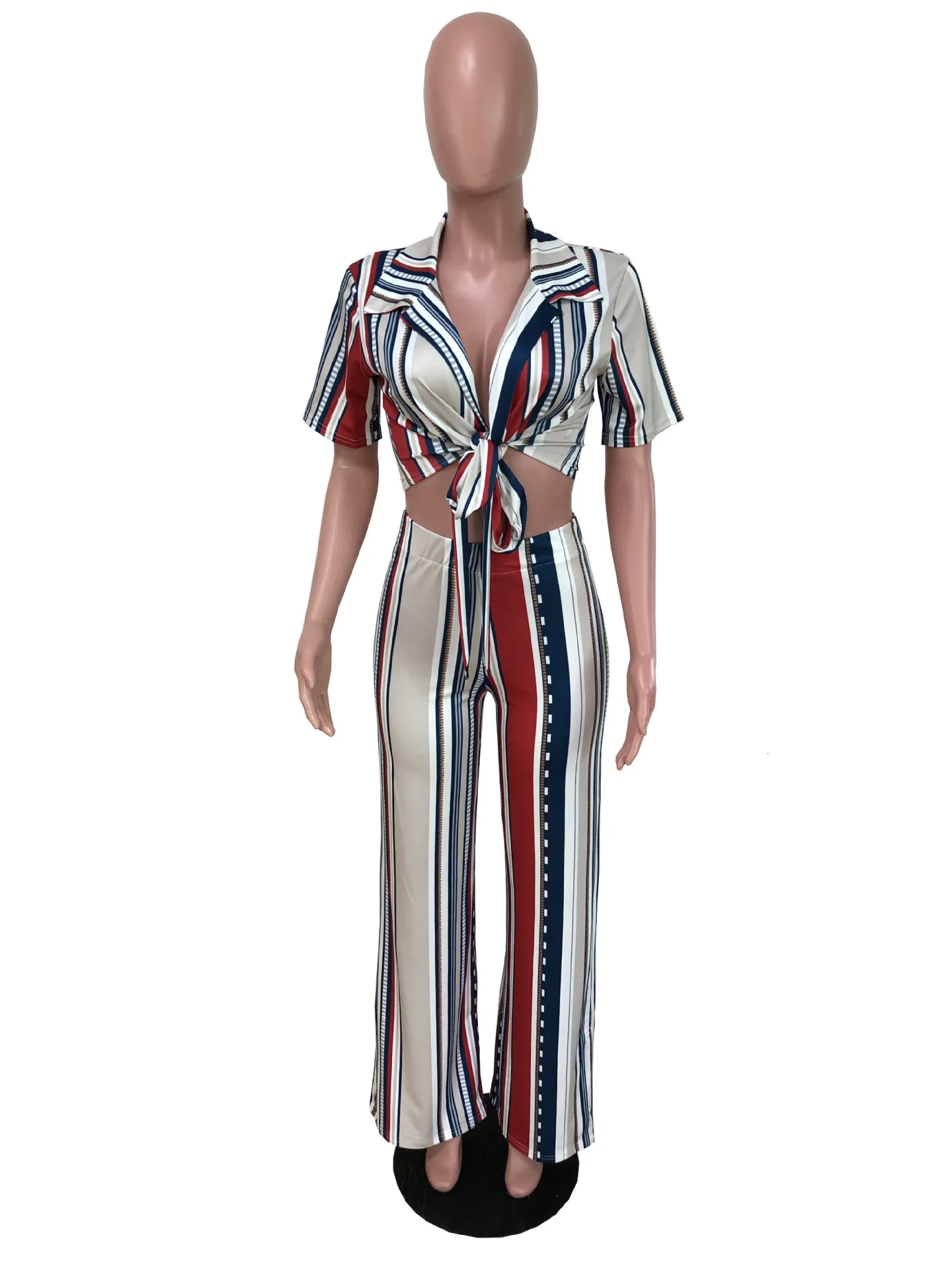 Boho полосатый Печатный комплект из двух частей для женщин с отложным воротником и коротким рукавом, укороченный топ с высокой талией, широкие брюки, повседневные Костюмы