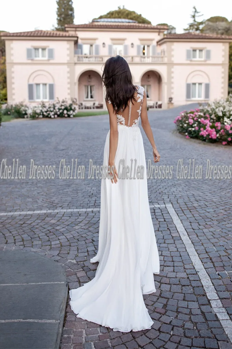 

2021New Elegant Custom Made Sleeveless Lace Appliques Sexy High Side Slit Backlss Chiffon A Line Beach Boho Wedding Dress Vestid