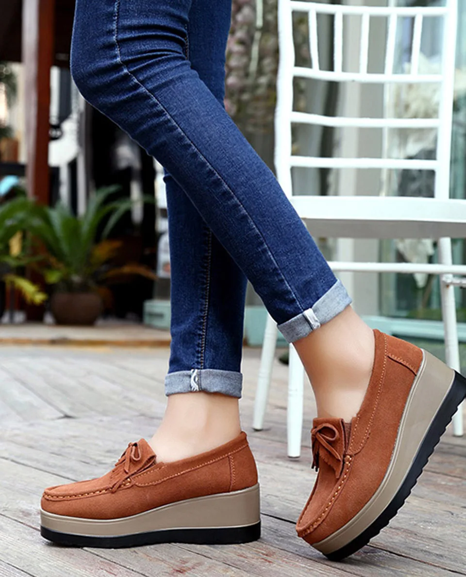 

2020 Hot Spring Autumn Women Flats Suede Genuine Leather Shoes Lady Female Loafers Sweet Tassel Slip-ons Platform Moccasins