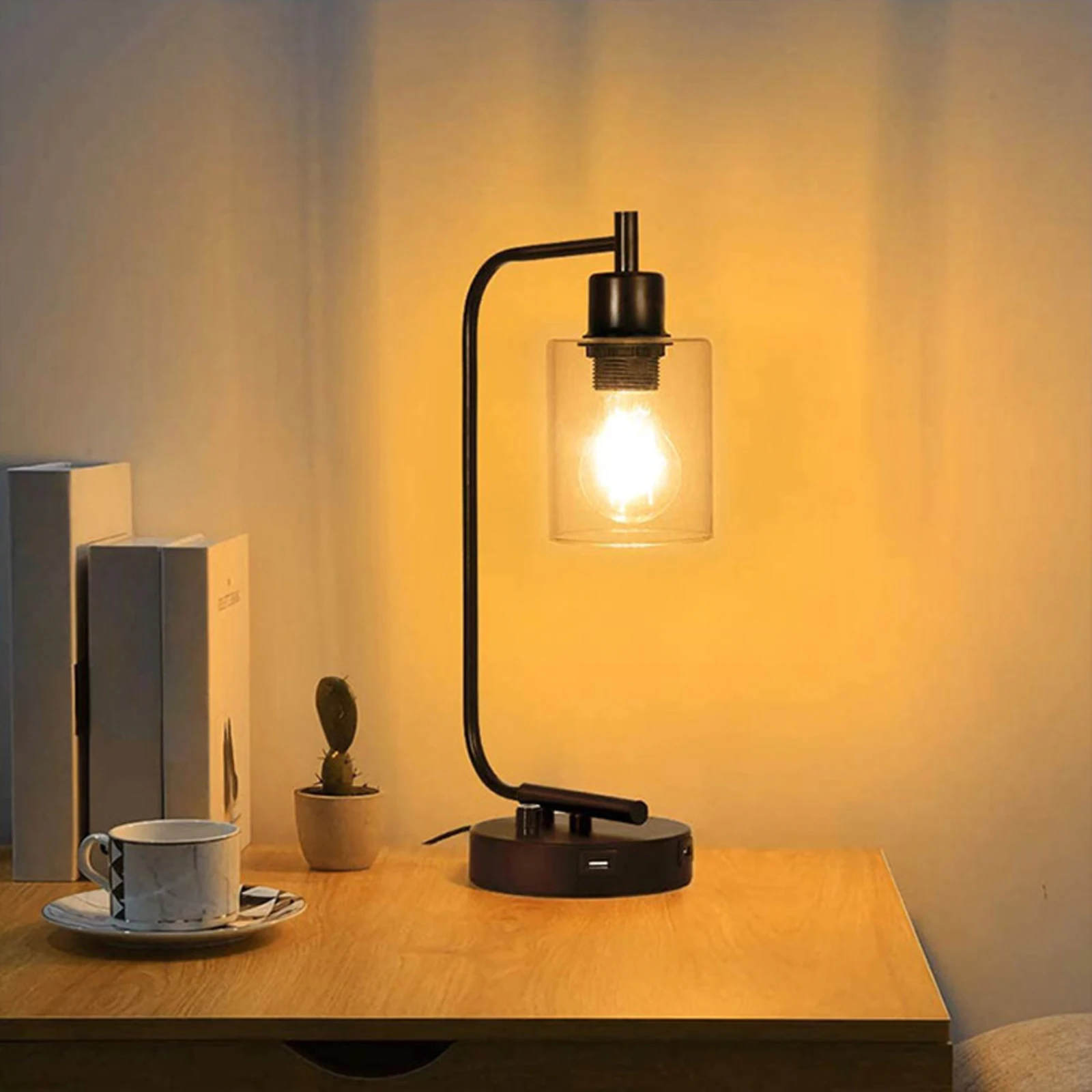 

Multifunctional Table Light Night Light Stepless Dimming Bedside Reading Lamp With Glass Lampshade 2 USB Ports Rotary Switch