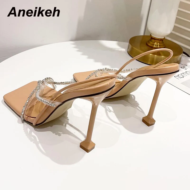 

Aneikeh 2021 NEW Sweet Women's Shoes PVC Peep Toe Sandas Thin Heels Fashion Thong Bling Party Slip-On Solid Classics Polka Dot