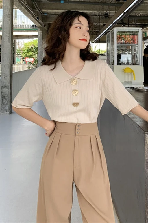 

Ice Silk Knitwear Women's 2020 Summer New Korean Loose And Versatile Short Sleeve T-shirt Shows Thin turn down Collar Top Trend
