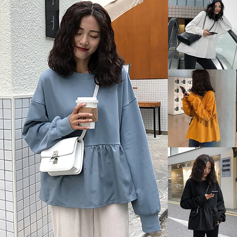 sweatshirt women vintage Solid Color Blouse Long Sleeve O Neck Large Hem Loose sweatshirt Pullover Women's Clothing xxl