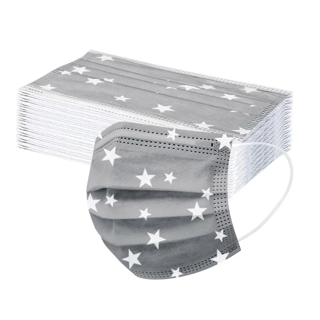 

Gray star Printed 50Pcs Adult Disposable Mask 3 Layer Filter Hygiene Women Face Mouth Mask Earloop Face Mask Mascarilla Masque