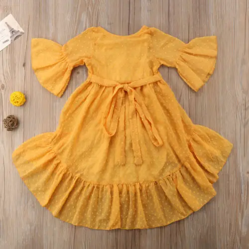 2021 Brand New Princess Fashion Toddler Baby Girls Boho Party Dress Long Flare Sleeve Ruffles Asymmetrical Yellow 1-5Y | Детская одежда