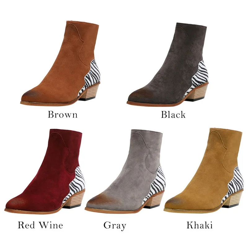 Boots Women Winter Flock Ankle Flat Square Heel Pointed Toe Zebra botas mujer invierno 2019 | Обувь