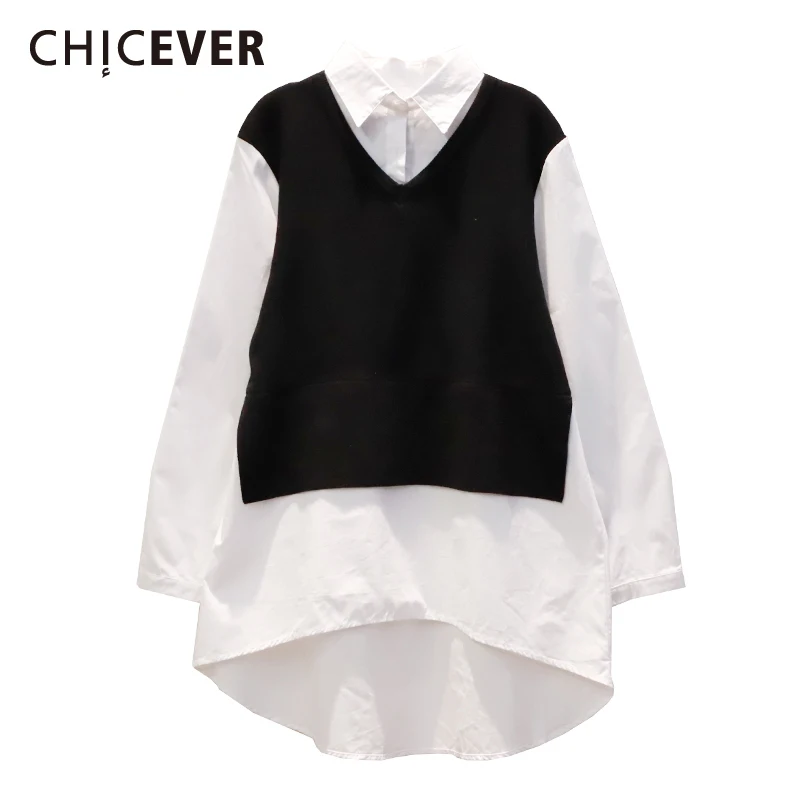 

CHICEVER Patchwork Colorblock Fake Two Piece Long Sleeve Tops Shirt Round Collar Casual Blouses Female Korean Fashion Clothing