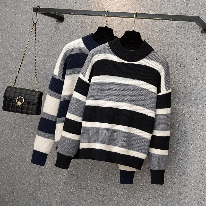 

VANOVICH Korean Japan Style Large Size Slimming Striped Sweater for Fall 2021 Winter New Pullovers for Women