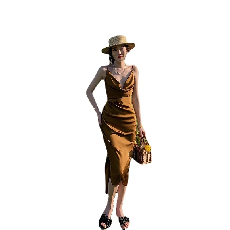 2022 Gold Sexy Satin Swinging Collar Long Dress Women Elegant Spaghetti Strap Backless Robe Bodycon Summer Slim Party Dresses images - 6