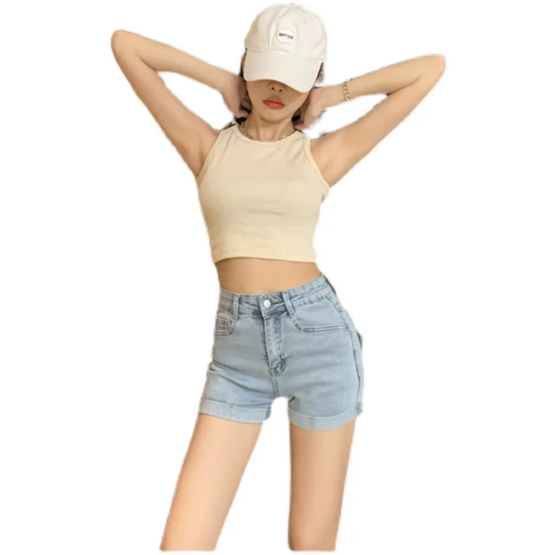 Women's New Denim Shorts High Elasticity Heart-shaped Hips High Waist Summer Flanging Straight Hot Pants High Waist Shorts