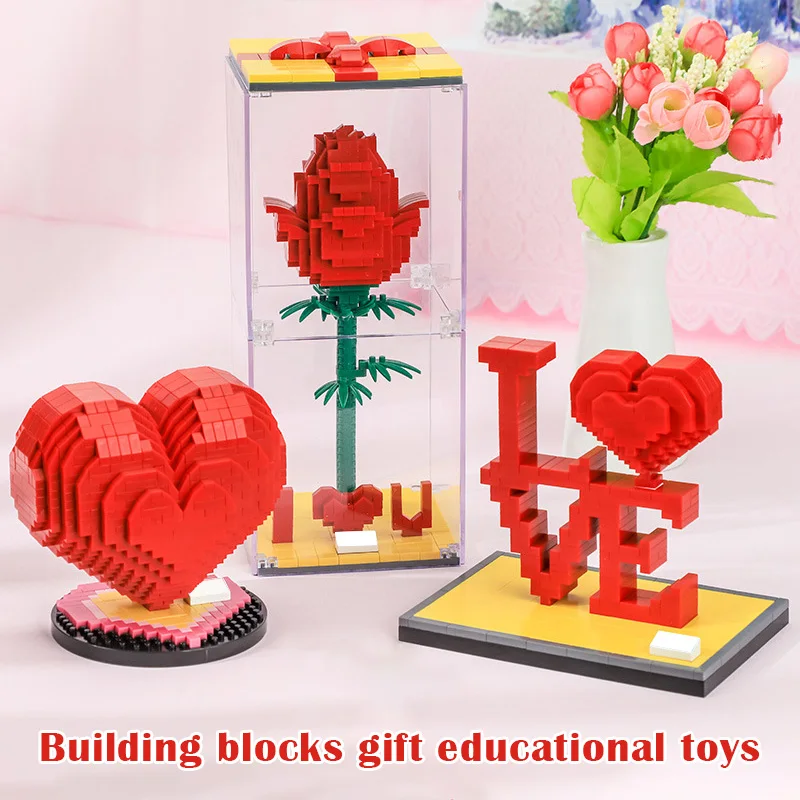 

Love Red Rose Heart Building Blocks Micro Particles Building Blocks Toy Romantic Present for Lover Wife Girlfriend NSV