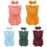 baby romper set with headband jumpsuit outfits newborn solid color rompers sunsuit casual linen cute suit