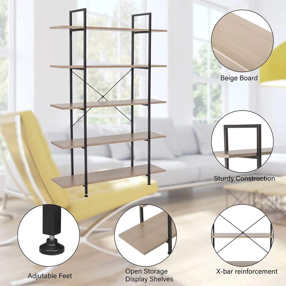

5-Tier Industrial Bookcase and Book Shelves Vintage Wood and Metal Bookshelves Easy To Install US Warehouse Delivered