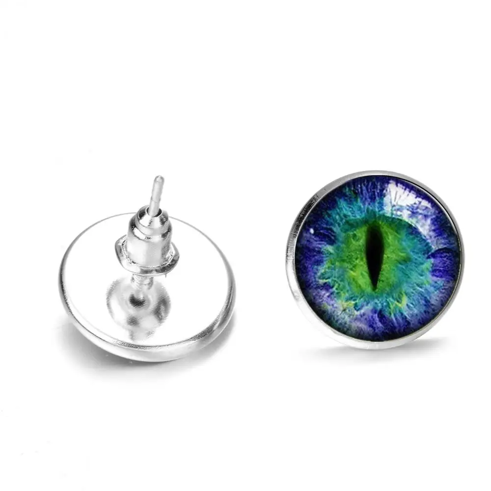 Крутые серьги-гвоздики глаза Дракона зеленые синие фиолетовые красные