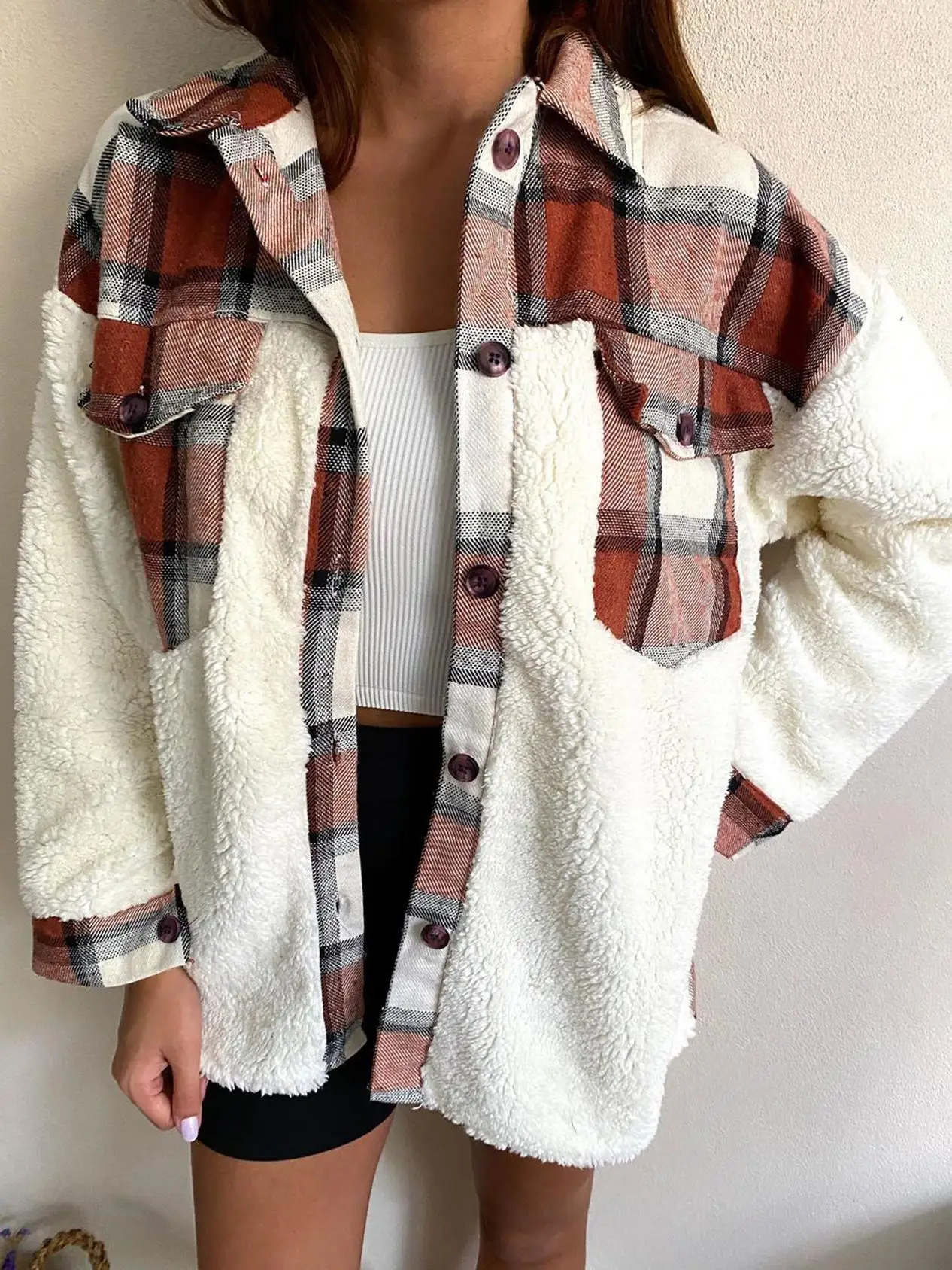 

Lamb Wool Plaid Patchwork Jacket Women Christmas Warm Winter Outerwear Coat New Brand Design Casual Loose Vintage Teens Girls