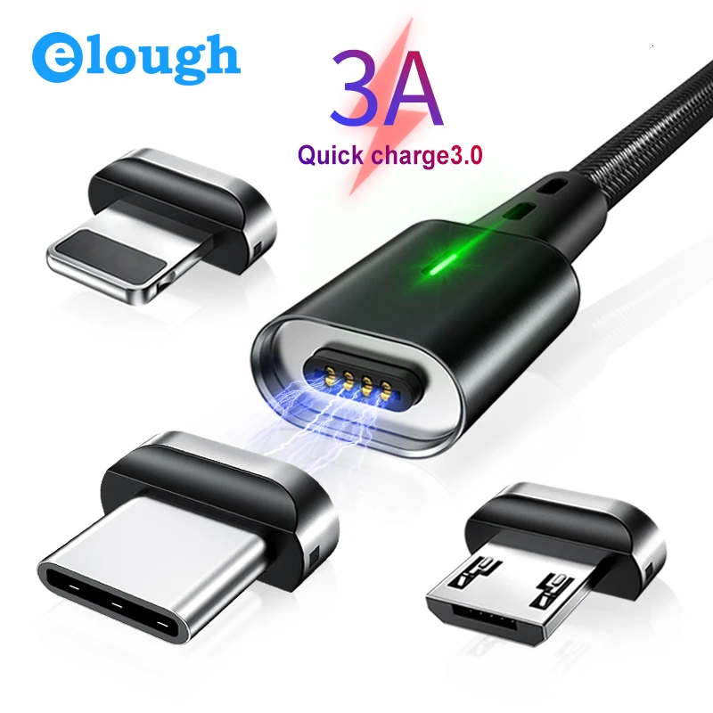 Магнитный кабель для быстрой зарядки Elough 3 А Micro USB Тип C и передачи данных iPhone 12 Xiaomi