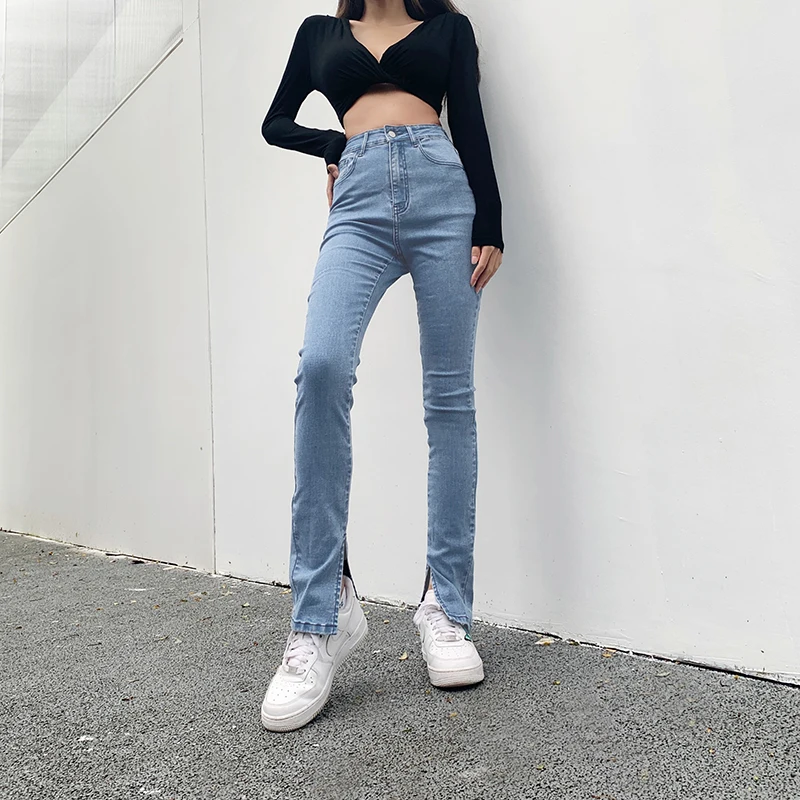 2023 Spring and Autumn Chic High Waist Blue Denim Pants Small Split Slim Thin Flared Jeans Casual Pencil Tight Skinny Trousers