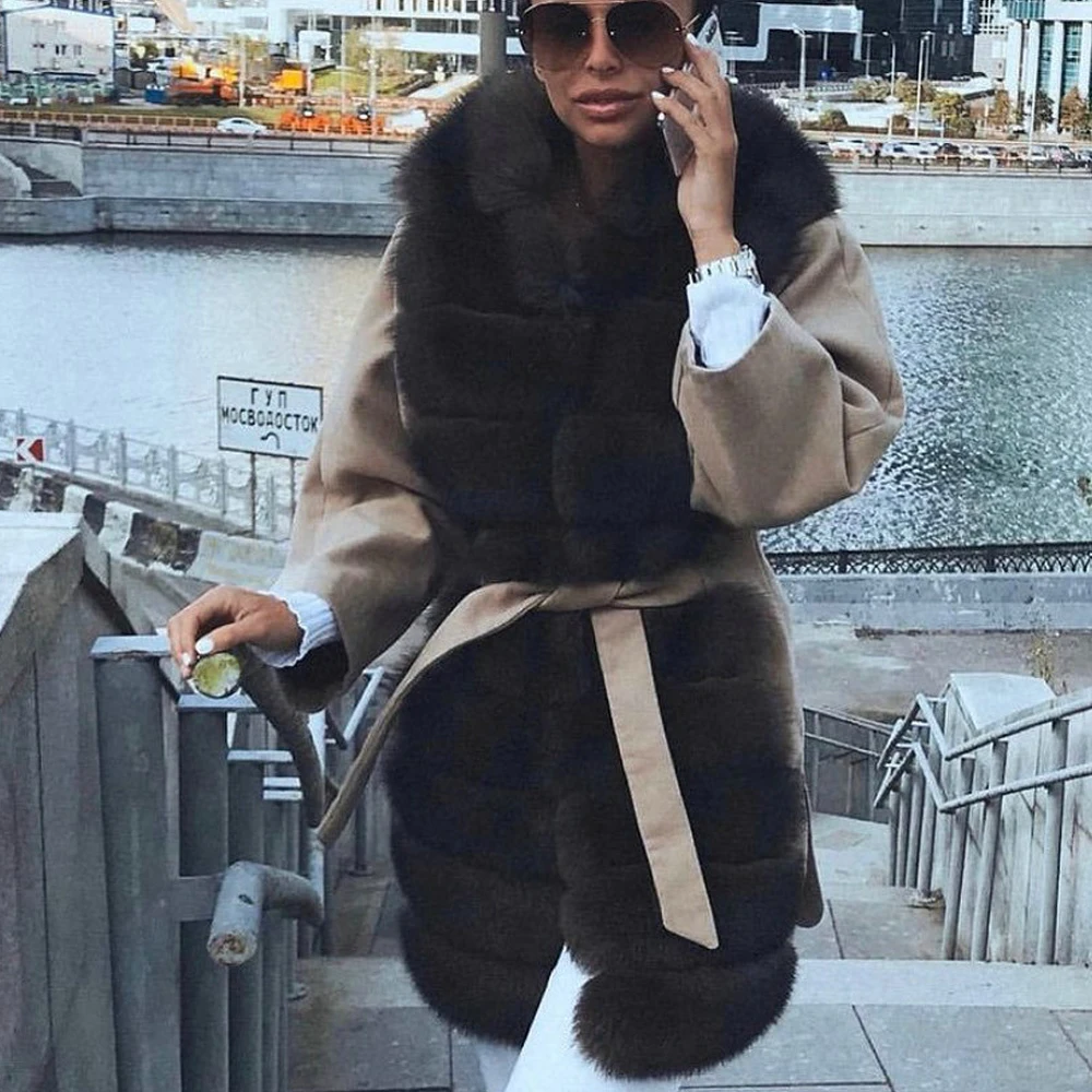 Fashion Long Wool Blends Coat with Fox Fur Long Collar Women Natural Whole Skin Fox Fur Genuine Cashmere Coats Outwear Winter enlarge
