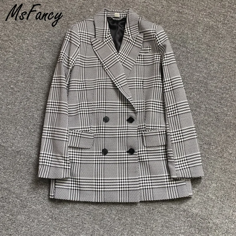 Msfancy клетчатый блейзер для женщин двубортный пиджак Для 2021 негабаритных Винтаж