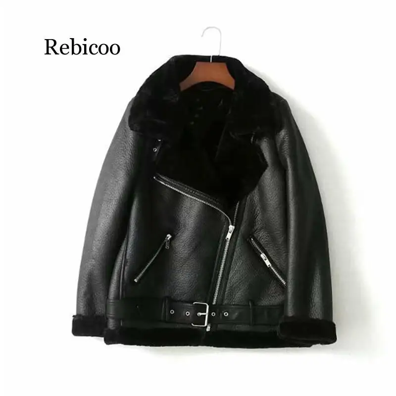 Autumn Winter Women Sashes Pu Leather Coat Turn-Down Collar Zipper Warm Jacket Casual Imitation Fur Outwear | Женская одежда