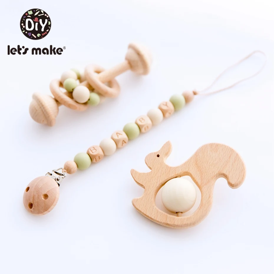 Let's Make 3pc/set Baby Pacifier Chain Holder Foer Nipples Beech Wood Baby Rattle Crib Mobiles Stroller Accessories Baby Toys