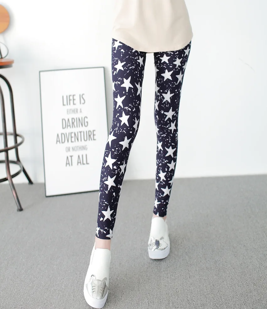 

Spring Autumn Causal Stretchy Leggings Womens Fashion White Star Printing Legging Capris Women Ankle Length Skinny Leggins Mujer