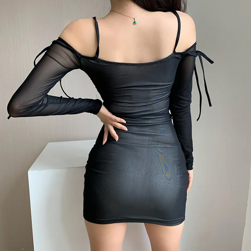 

Solid Black Sexy Women Pleated Dress 2020 Lady Transparent Thin Hollow Out Drawstring Long Sleeve Off Shoulder Goth Mini Dresses