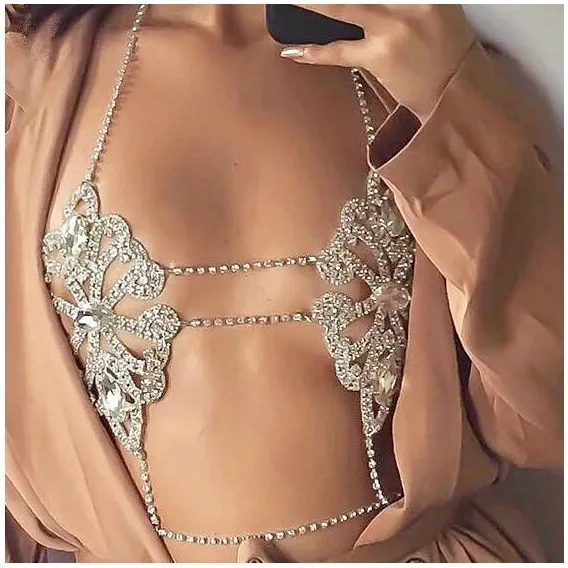 

Fashion Jewelry New Style Body Chain Crystal Rhinestone Sexy Breast Chain Trendy Female Geometric Diamond Body Chain Wholesale