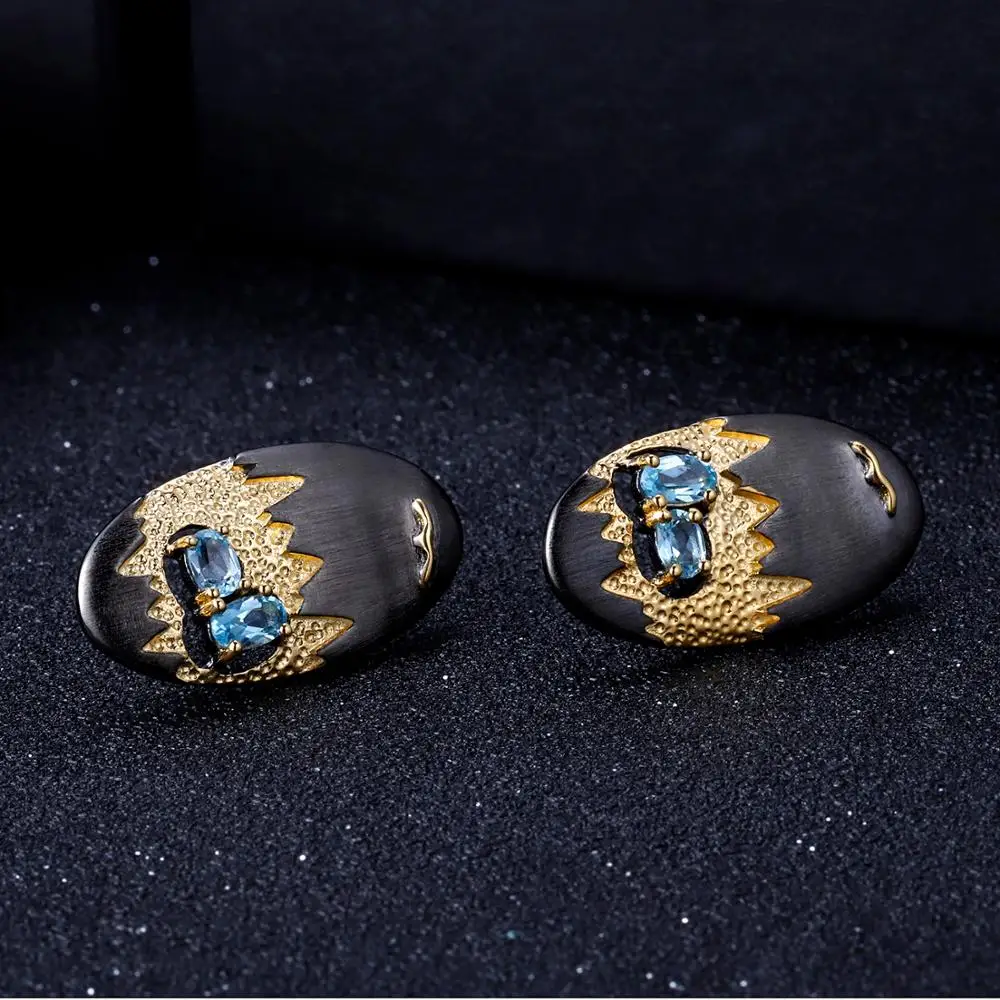 Серьги гвоздики женские из серебра 925 пробы с натуральным голубым топазом