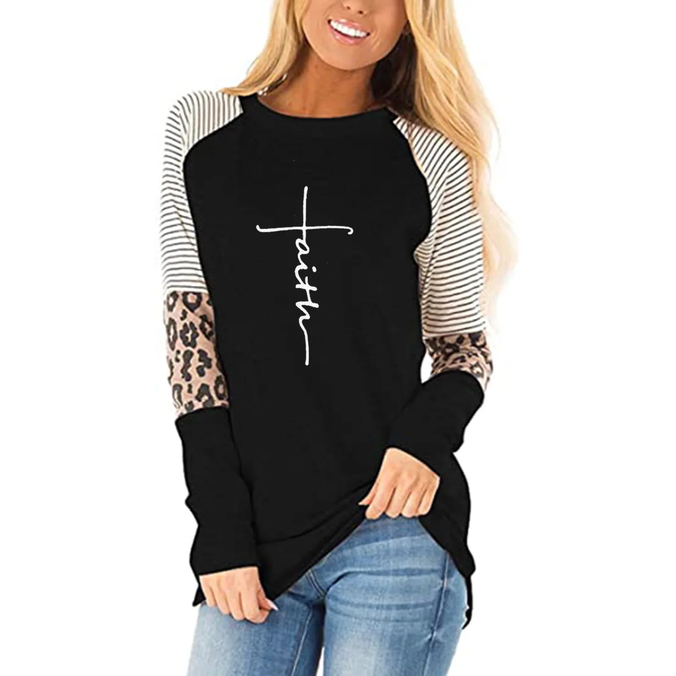 

2021 spring/autumn faith letter print three color stitching long sleeve round neck Pullover loose T-shirt for women plus size