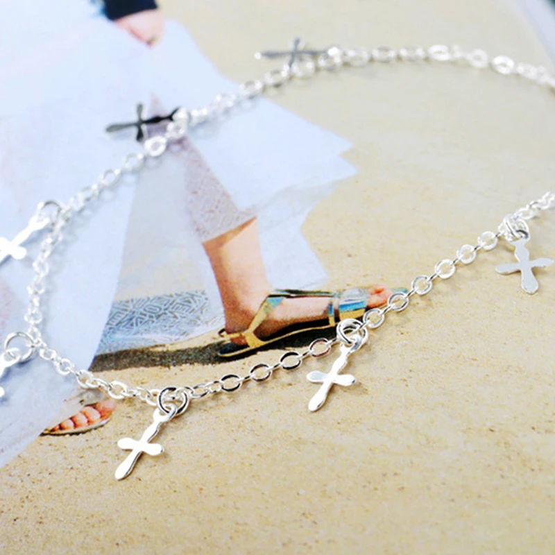 Модный простой браслет на ногу серебряный женский летний звезда крест колокол