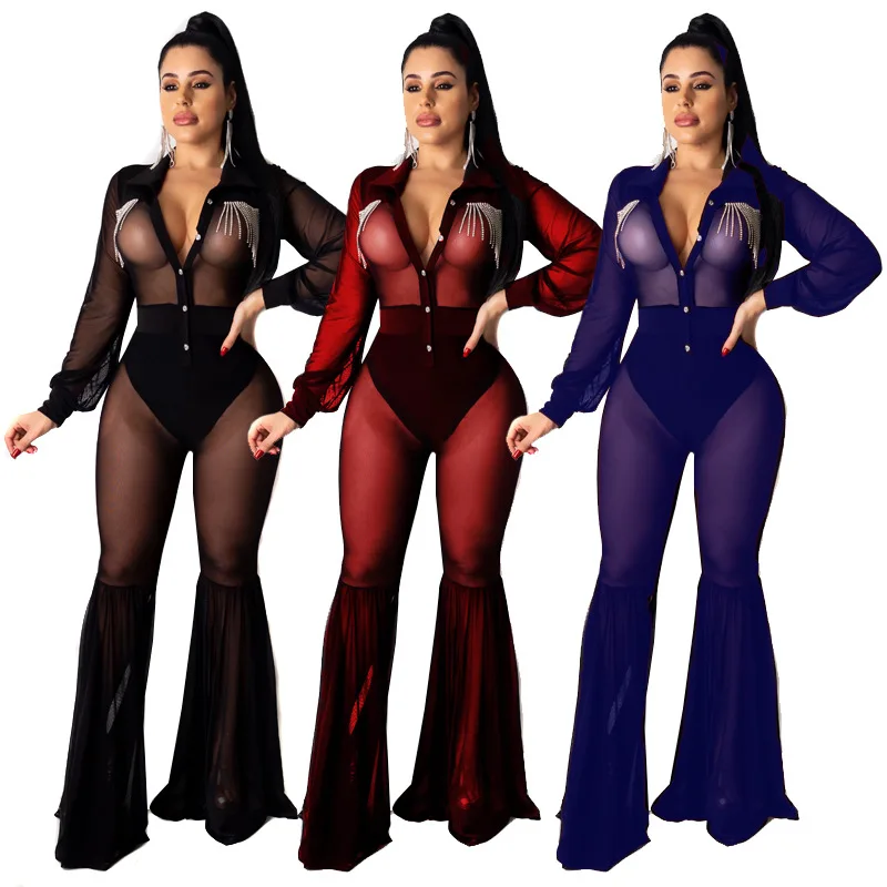 

In Stock 2020 Mesh jumpsuit black jumpsuit women sexy nightclub hollow slung drill flare clubwear one piece