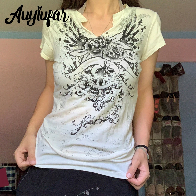 

Auyiufar Print V Neck Fairy Grunge Short Tshirt Casual Streetwear Indie Slim Basic Women Vintage Clothing Spring Aesthetic Tees