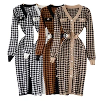 autumn elegant temperament v neck hit color dress office lady single breasted houndstooth knitted stretch dress women clothing