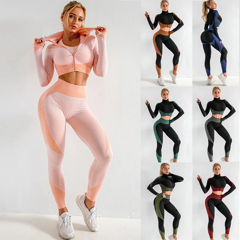 

3pcs Women's Seamless Fitness Set Long-Sleeved T-Shirt Gym Wear Sports Bra Elastic Running Leggings High Waist Train Yoga Pants