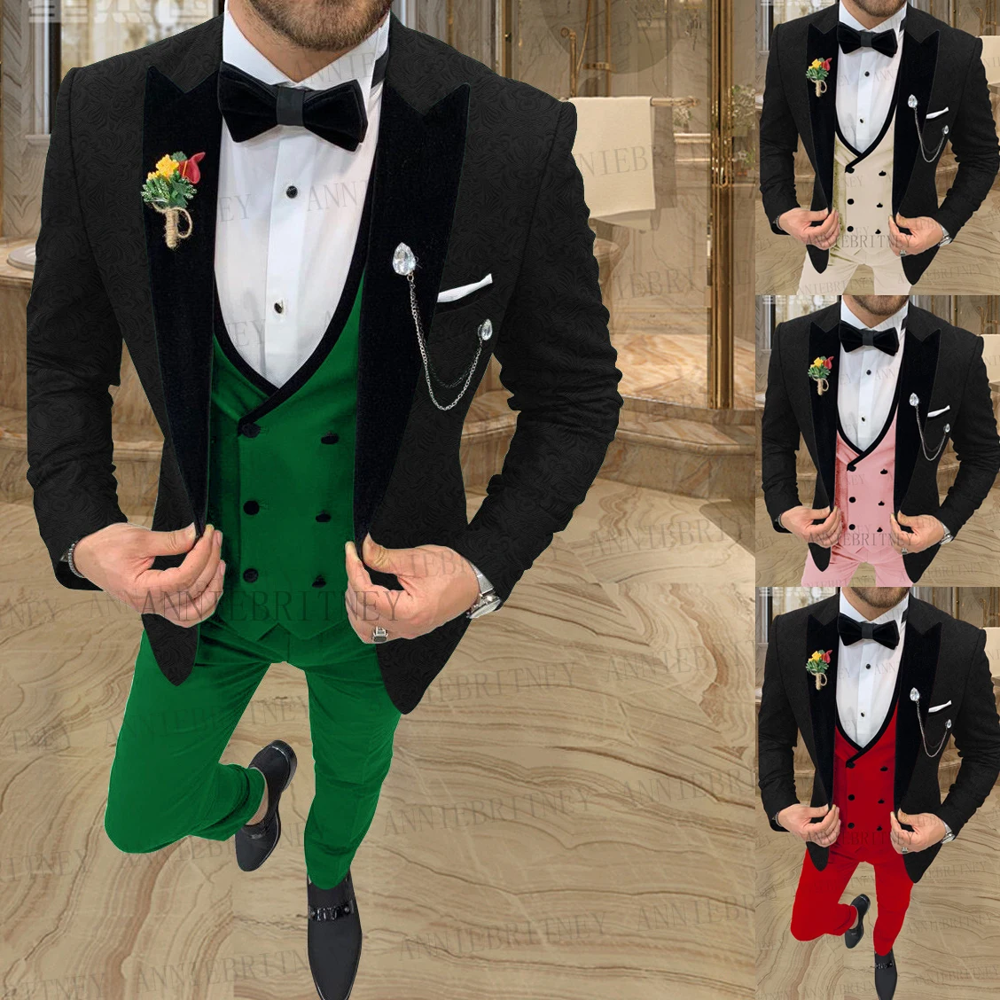 Brand Newest Jacquard Suits Mens Custom Made Slim Fit Groom Wedding Suit Tuxedo Fashion Black Blazer Green Vest Pants 3 Pieces