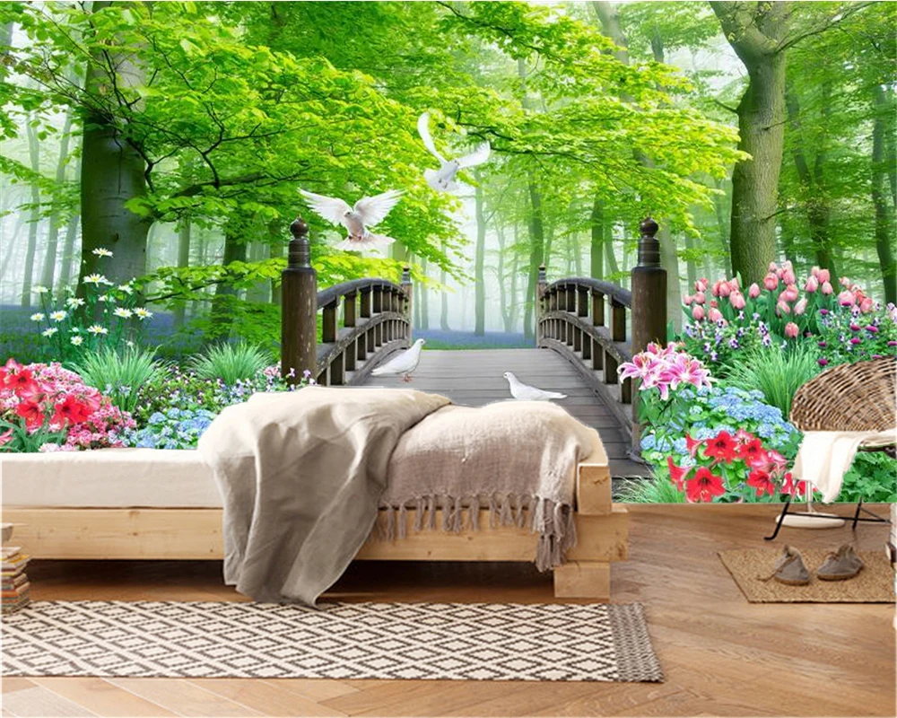 Custom Mural 3d Wallpaper Beautiful Flowers Forest White Pigeon Wood Arch Bridge Living Room Bedroom Decoration | Обустройство дома