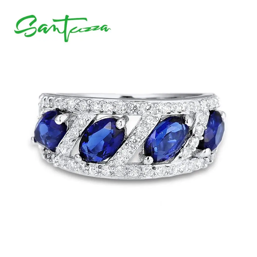 Женские кольца SANTUZZA из серебра 100% пробы с синим стеклом и белым кубическим