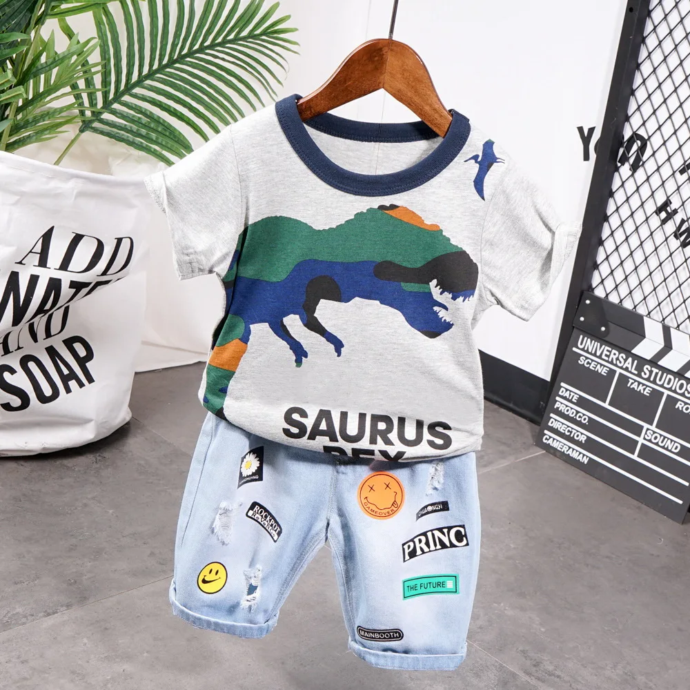 

New children's clothing cartoon kids short-sleeved T-shirt Summer Boys short-sleeved t-shirt + hole letter Denim shorts 2pcs set