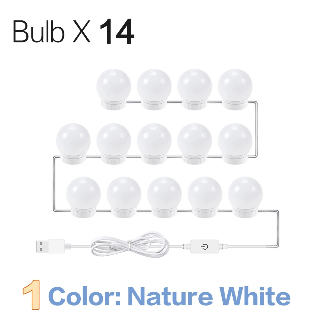 Nature White 14Bulbs Голливудский Led-зеркало для макияжа светильник на каждый день, 3 цвета Плавная затемнения туалетный столик, Ванная комната светодиодный настенный светильник USB макияжа с светильник Инж - Цвет абажура: Nature White 14Bulbs