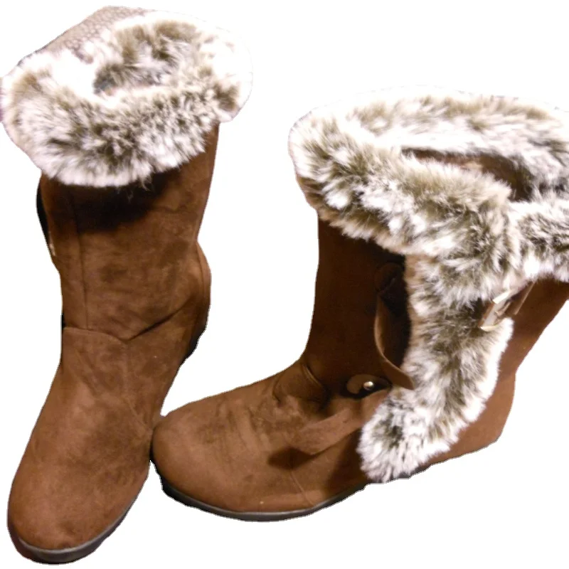 New Winter Women's Boots Casual Warm Fur Mid-tube Shoes Round Toe Slope with Snow Muje Large Size 42 | Обувь