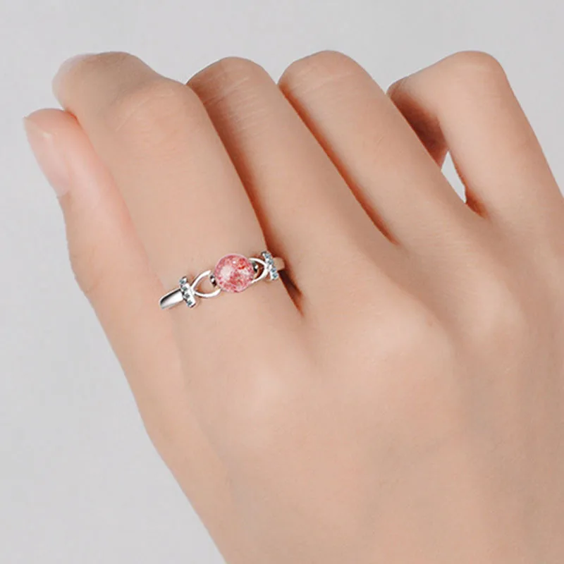 MEETSOFT 925 Silver Opening Ring For Women Simple Adjustable Strawberry Quartz Circle Crystal Jewelry Gift | Украшения и