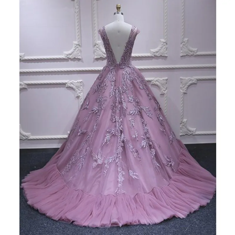 Pink Princess Long Formal Prom Dresses Lace Appliques Tulle V Neck Elegant Evening Dress Robe de soiree Engagement Party Gowns
