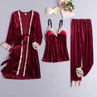 Женский велюровый Пижамный костюм из 3 предметов с кружевными вставками, мягкий Халат-кимоно, Серый свободный халат, повседневная домашняя одежда