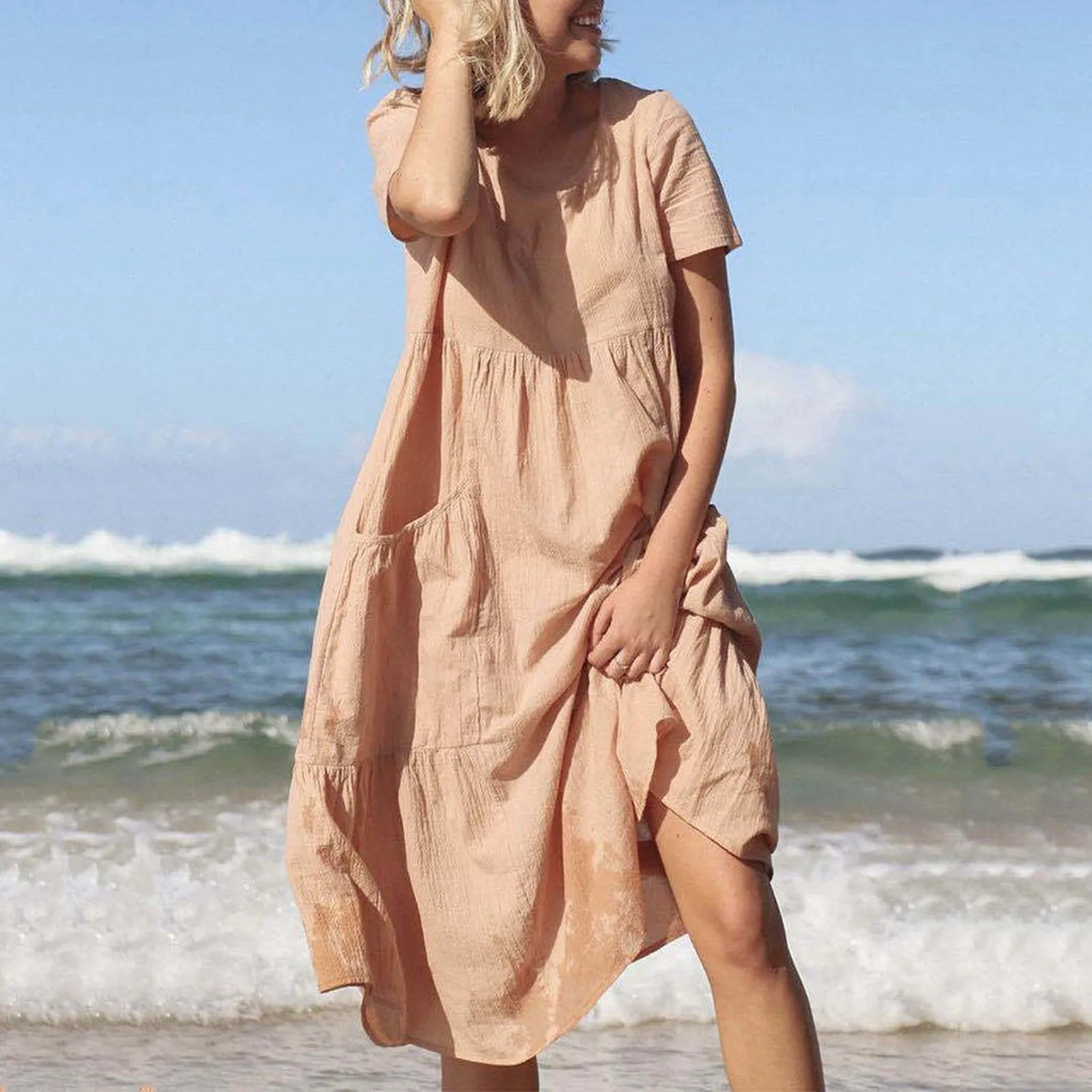 

Fashion Lady Oversized Dress O-neck Big Pocket Short Sleeve T-shirt Mini Beach Dress Loose Casual Women Dresses Vestido De Mujer