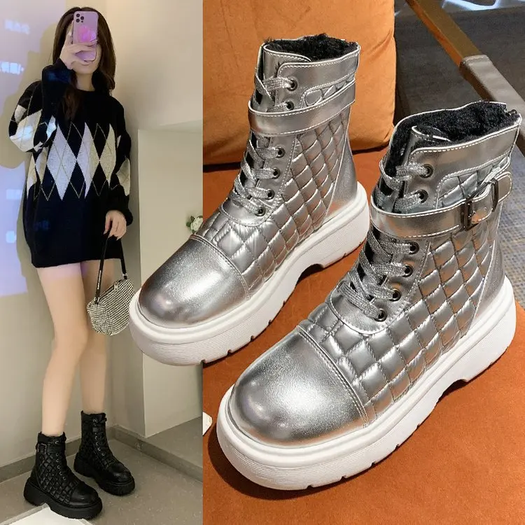 

New Short Boots Women's Round Head Middle Tube Flat Bottom Plush Rear Zipper Martin Boots Women Shoes